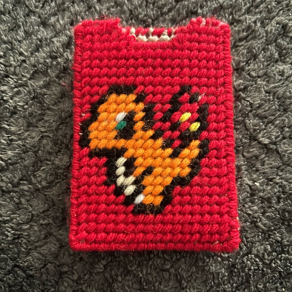 Handcrafted Red Knit Key & Card Holder with Orange Charmander Motif